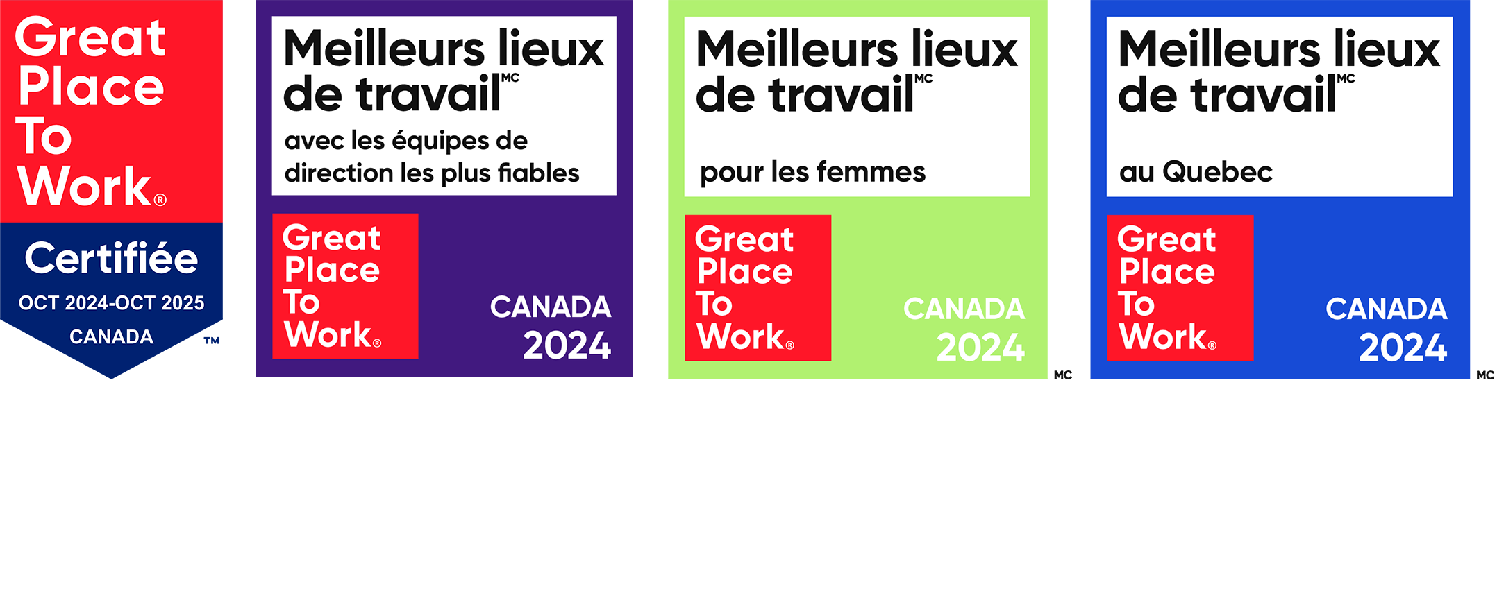 Great Place to Work logos - Certifié 2024 et Meilleurs lieux de travail avec les équipes de direction les plus fiables, pour les femmes et au Québec